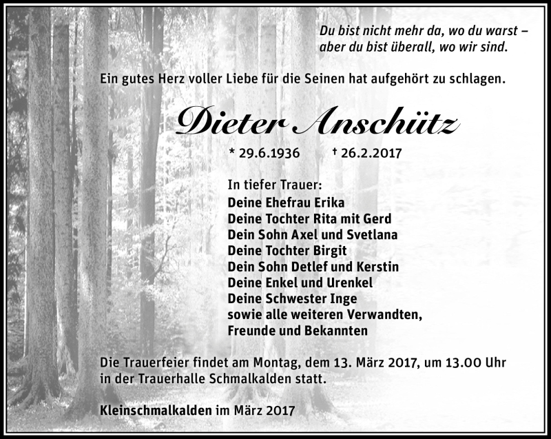  Traueranzeige für Dieter Anschütz vom 07.03.2017 aus Südthüringer Presse