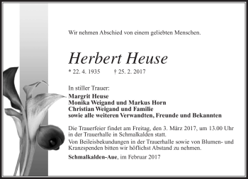 Traueranzeige von Herbert Heuse von Südthüringer Presse