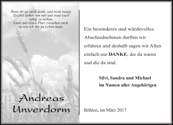 Traueranzeige von Andreas Unverdorm von Südthüringer Presse