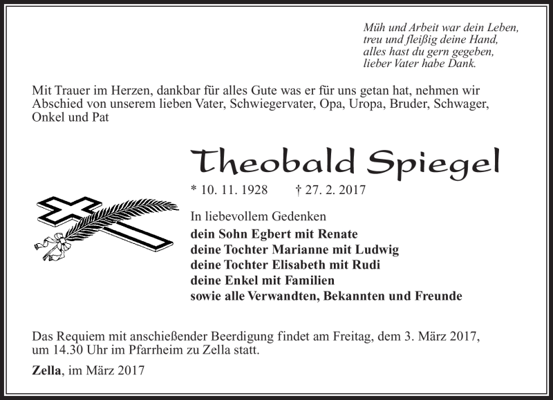  Traueranzeige für Theobald Spiegel vom 01.03.2017 aus Südthüringer Presse
