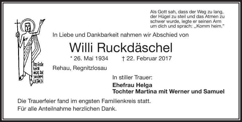  Traueranzeige für Willi Ruckdäschel vom 20.03.2017 aus Frankenpost