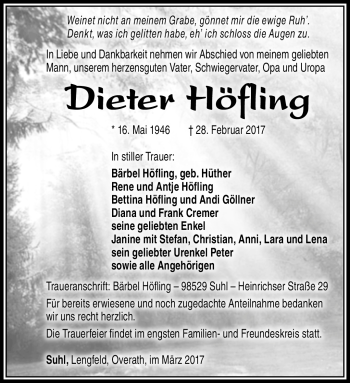 Traueranzeige von Dieter Höfling von Südthüringer Presse