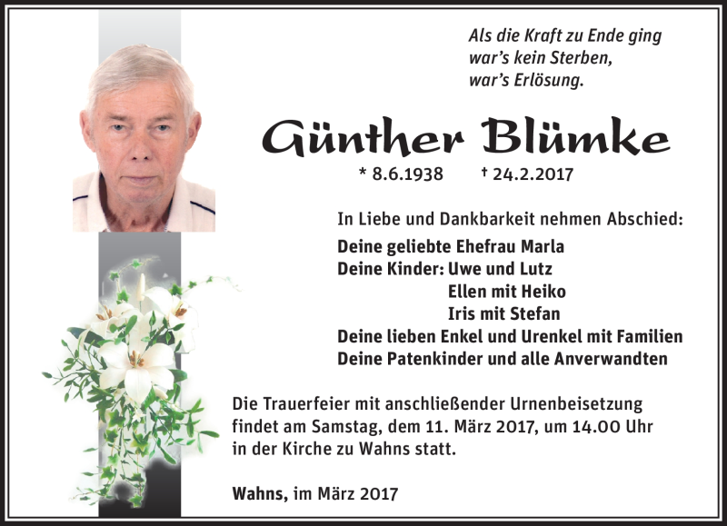  Traueranzeige für Günther Blümke vom 08.03.2017 aus Südthüringer Presse