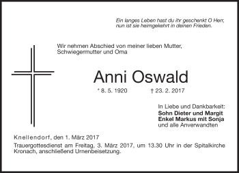 Traueranzeige von Anni Oswald von Neue Presse Coburg