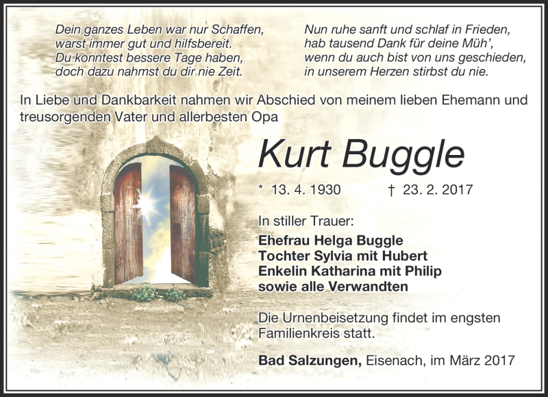  Traueranzeige für Kurt Buggle vom 02.03.2017 aus Südthüringer Presse