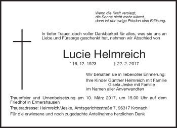 Traueranzeige von Lucie Helmreich von Neue Presse Coburg