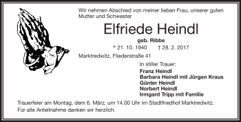 Traueranzeige von Elfriede Heindl von Frankenpost