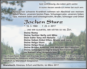 Traueranzeige von Jochen Sturz von Südthüringer Presse