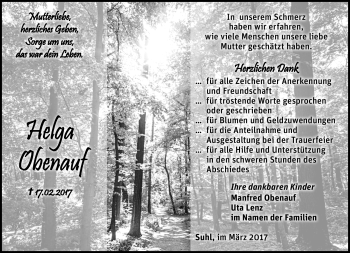 Traueranzeige von Helga Obenauf von Südthüringer Presse