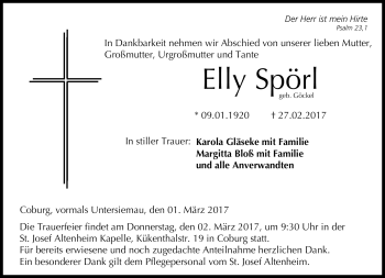 Traueranzeige von Elly Spörl von Neue Presse Coburg