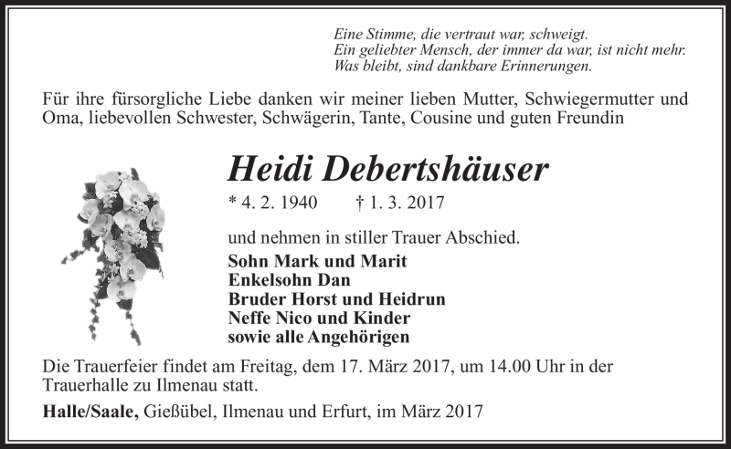  Traueranzeige für Heidi Debertshäuser vom 11.03.2017 aus Südthüringer Presse