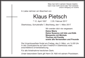 Traueranzeige von Klaus Pietsch von Frankenpost