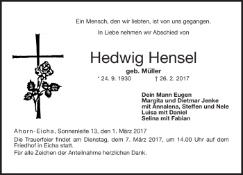 Traueranzeige von Hedwig Hensel von Neue Presse Coburg