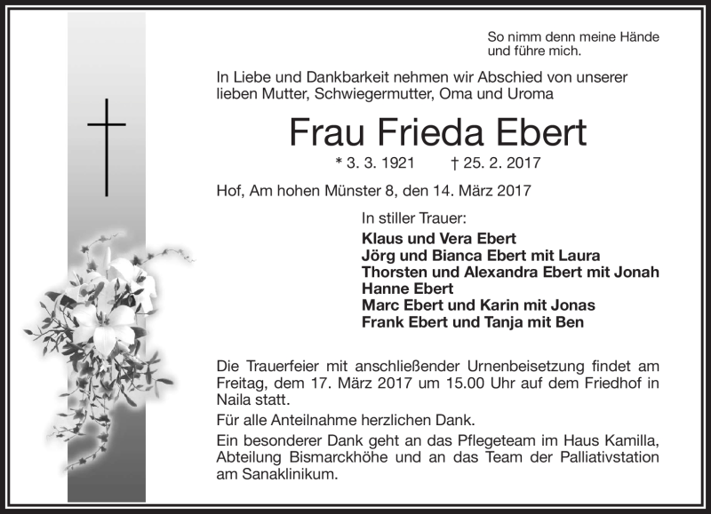  Traueranzeige für Frieda Ebert vom 14.03.2017 aus Frankenpost