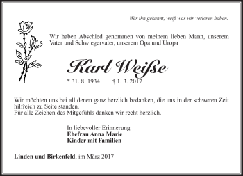 Traueranzeige von Karl Weiße von Südthüringer Presse