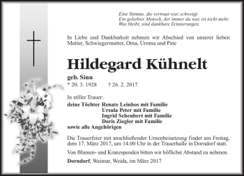 Traueranzeige von Hildegard Kühnelt von Südthüringer Presse