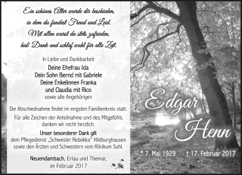 Traueranzeige von Edgar Henn von Südthüringer Presse