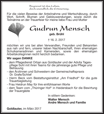 Traueranzeige von Gudrun Mensch von Südthüringer Presse