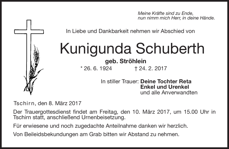  Traueranzeige für Kunigunda Schuberth vom 08.03.2017 aus Neue Presse Coburg