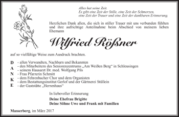 Traueranzeige von Wilfried Rößner von Südthüringer Presse