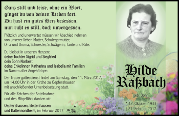 Traueranzeige von Hilde Raßbach von Südthüringer Presse