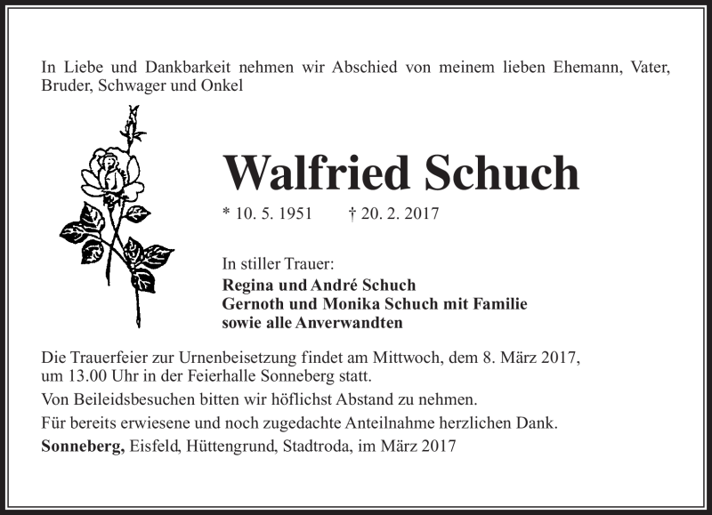  Traueranzeige für Walfried Schuch vom 03.03.2017 aus Südthüringer Presse