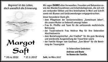 Traueranzeige von Margot Saft von Südthüringer Presse