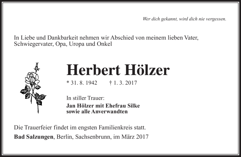  Traueranzeige für Herbert Hölzer vom 07.03.2017 aus Südthüringer Presse
