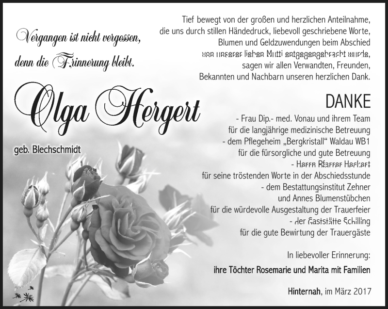  Traueranzeige für Olga Hergert vom 25.03.2017 aus Südthüringer Presse