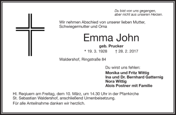 Traueranzeige von Emma John von Frankenpost