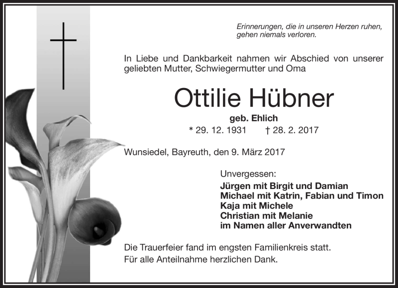  Traueranzeige für Ottilie Hübner vom 09.03.2017 aus Frankenpost