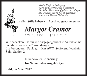 Traueranzeige von Margot Cramer von Südthüringer Presse