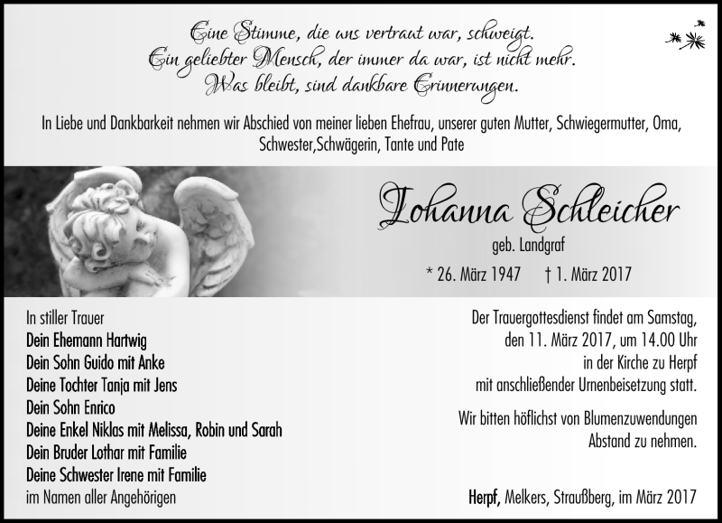  Traueranzeige für Johanna Schleicher vom 04.03.2017 aus Südthüringer Presse