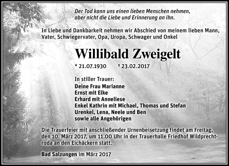  Traueranzeige für Willibald Zweigelt vom 07.03.2017 aus Südthüringer Presse