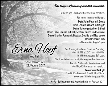 Traueranzeige von Erna Hopf von Südthüringer Presse