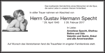 Traueranzeige von Hermann Gustav Specht von Frankenpost