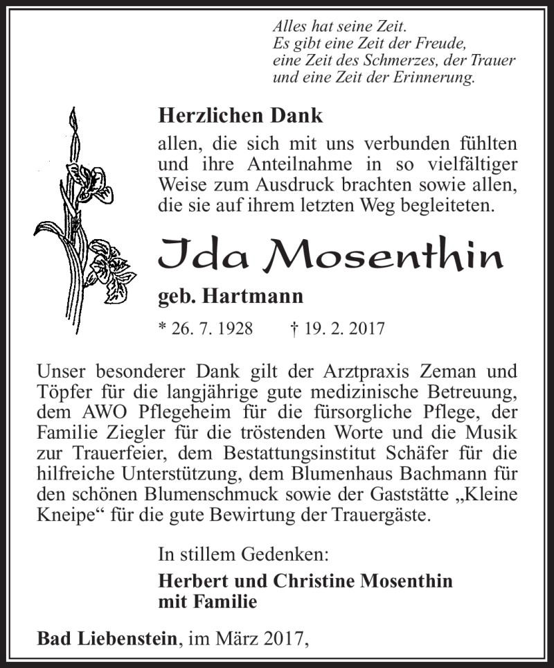  Traueranzeige für Ida Mosenthin vom 18.03.2017 aus Südthüringer Presse