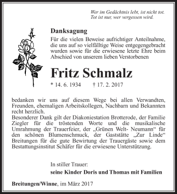 Traueranzeige von Fritz Schmalz von Südthüringer Presse