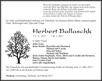 Traueranzeige von Herbert Ballaschk von Südthüringer Presse