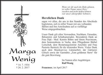 Traueranzeige von Marga Wenig von Südthüringer Presse