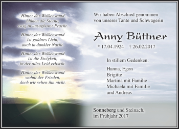 Traueranzeige von Anni Büttner von Südthüringer Presse