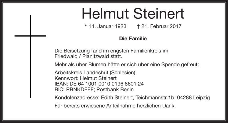  Traueranzeige für Helmut Steinert vom 08.04.2017 aus Frankenpost