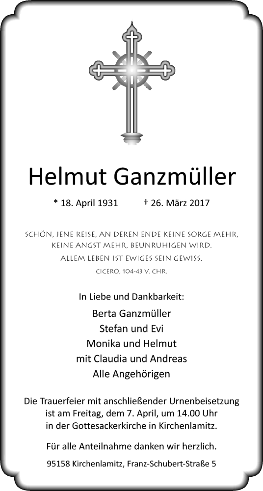  Traueranzeige für Helmut Ganzmüller vom 05.04.2017 aus Frankenpost