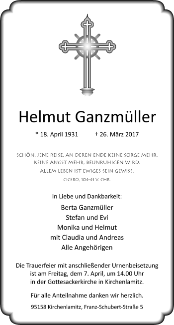 Traueranzeige von Helmut Ganzmüller von Frankenpost