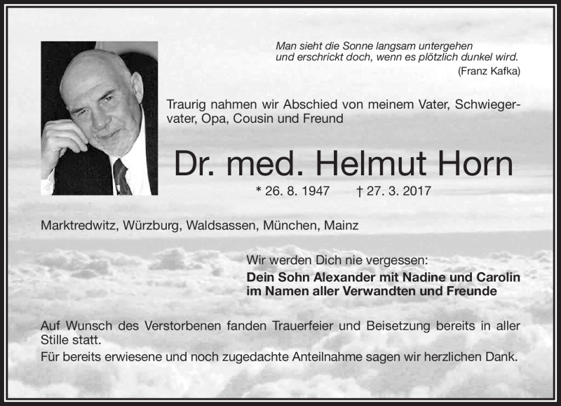  Traueranzeige für Horn Dr. med. Helmut vom 10.04.2017 aus Frankenpost