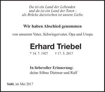 Traueranzeige von Erhard Triebel von Südthüringer Presse
