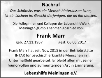 Traueranzeige von Frank Marr von Südthüringer Presse