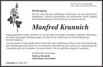 Traueranzeige von Manfred Krannich von Südthüringer Presse