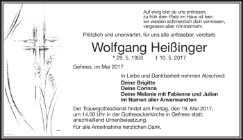 Traueranzeige von Heißinger Wolfgang von Frankenpost