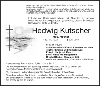 Traueranzeige von Hedwig Kutscher von Neue Presse Coburg